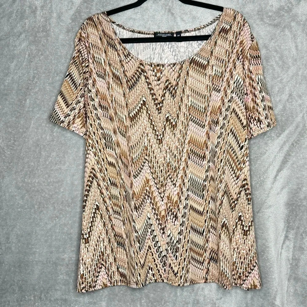 Notations 3X Shirt Top Brown Chevron Striped Scoop‎ Neck Short Sleeve Stretch
